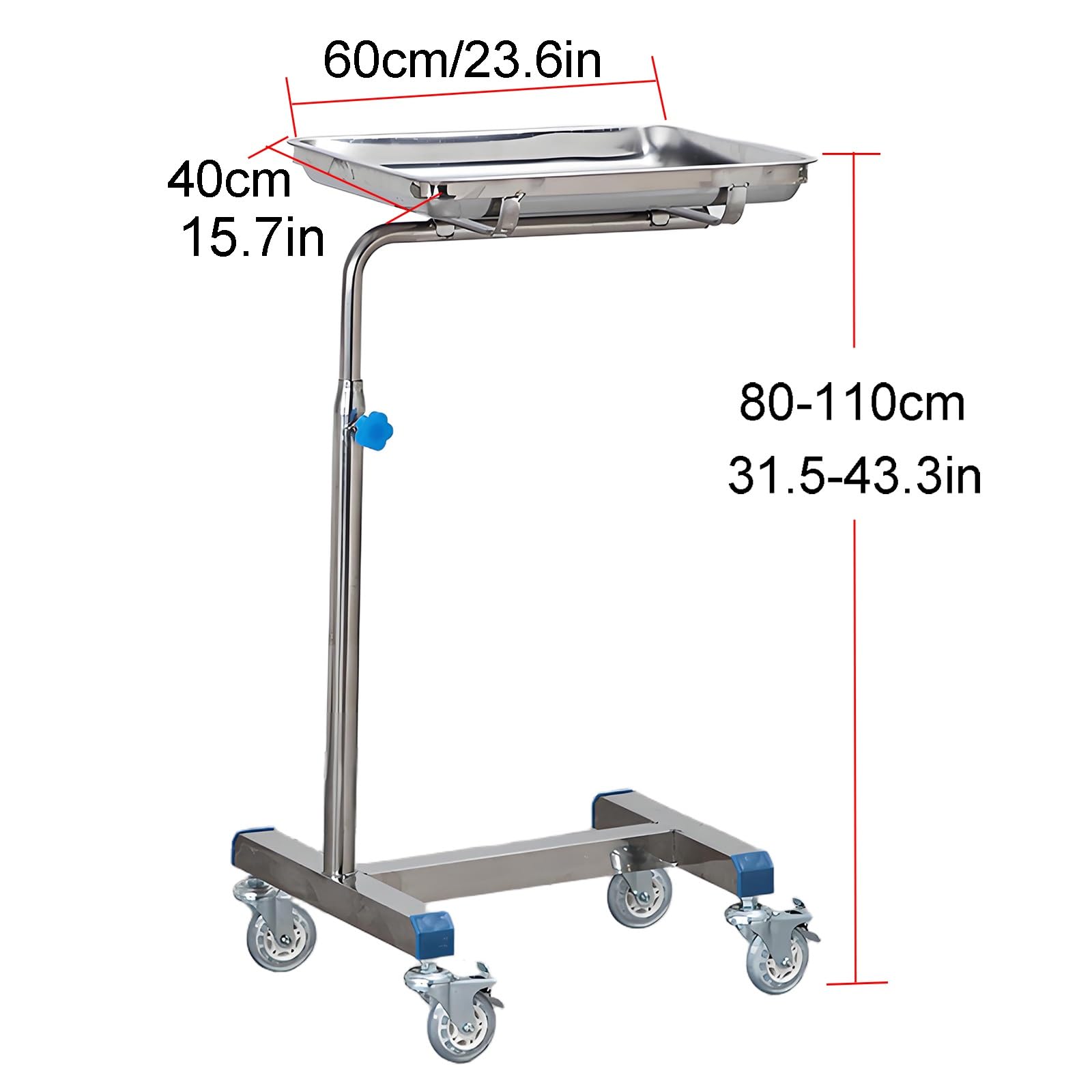 Mayo Laborwagen Gerätewagen Medizintechnik Servierwagen mit Mobiler Rollenbasis, Einstellbare Höhe 80–110 cm, für Klinik, Salon, Zahnmedizin, Tätowierung(60x40x(80-110) cm)
