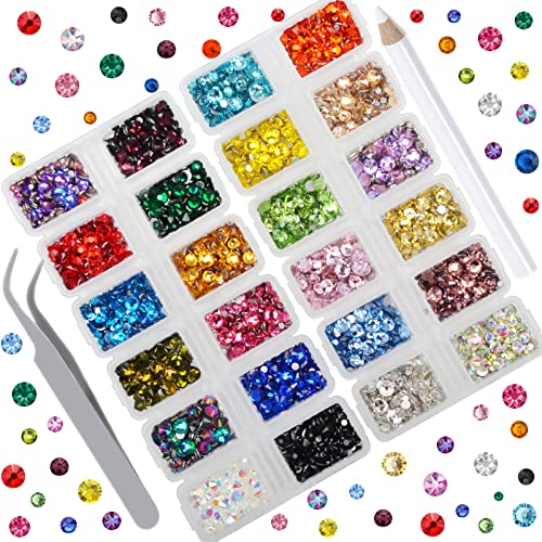 Icai Beads 7000 Pieces Rhinestones 5 Sizes Round Crystal Glass Flat Back Rhinestones With 1Tweezers And 1Picking Pen For Nail Art Crafts Clothes Bags Diy cover