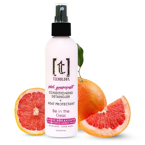 Teenology Desenredante acondicionador sin necesidad + protector de calor para adolescentes, evita el acné y los brotes, aroma a pomelo rosa, 6 onzas.