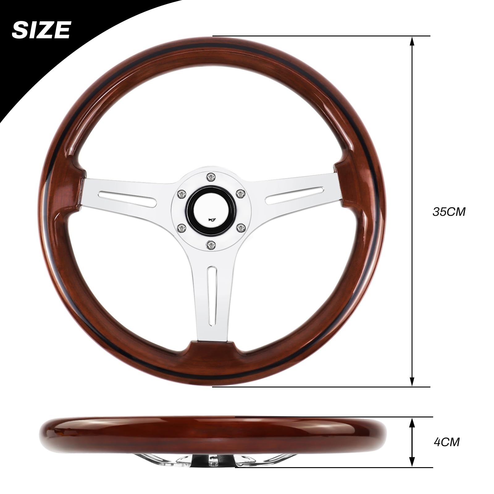 Universal Racing/Golf Cart - Volante de madera, 13,8 pulgadas, 6 pernos, grano de madera, estilo clásico vintage nostálgico con botón de claxon