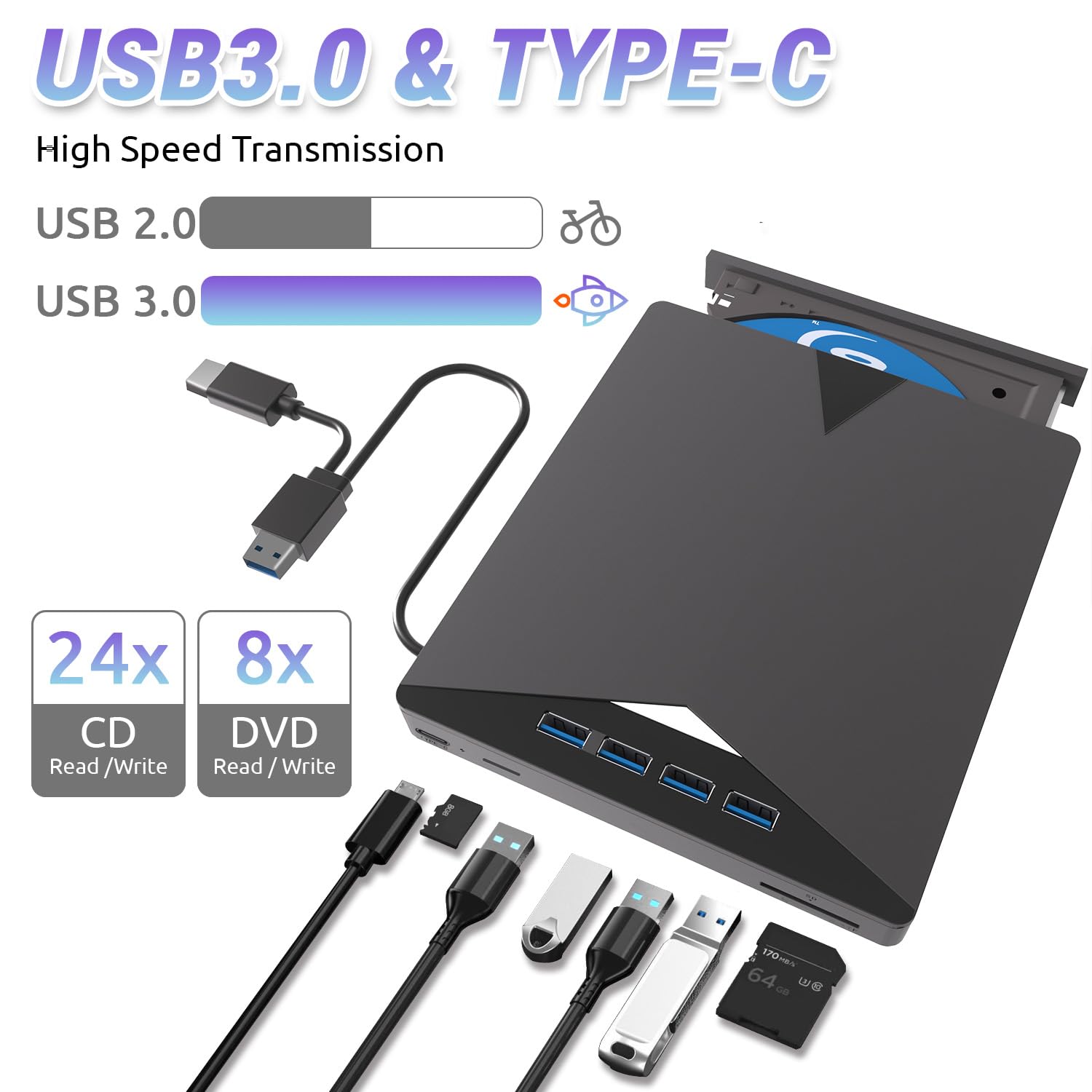 7 en 1 Lecteur Blu-Ray Externe, 3D CD DVD Graveur Optical Bluray Drive USB 3.0 Type-C Lecteur blu Ray 4k,Portable Externe Lecteur Blu Ray Externe, pour PC Windows 11 10 8 7