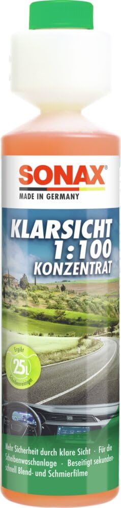 SONAX KlarSicht 1:100 Konzentrat (250 ml) hochkonzentrierter Reinigungszusatz für die Scheibenwaschanlage im Sommerbetrieb | Art-Nr. 03711410