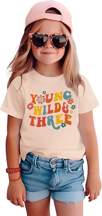 GLIGLITTR Young Wild and Three Birthday Girls Shirt 3rd Birthday Outfit 3 Year Old Girls Third B-Day Party Tshirt Tops
