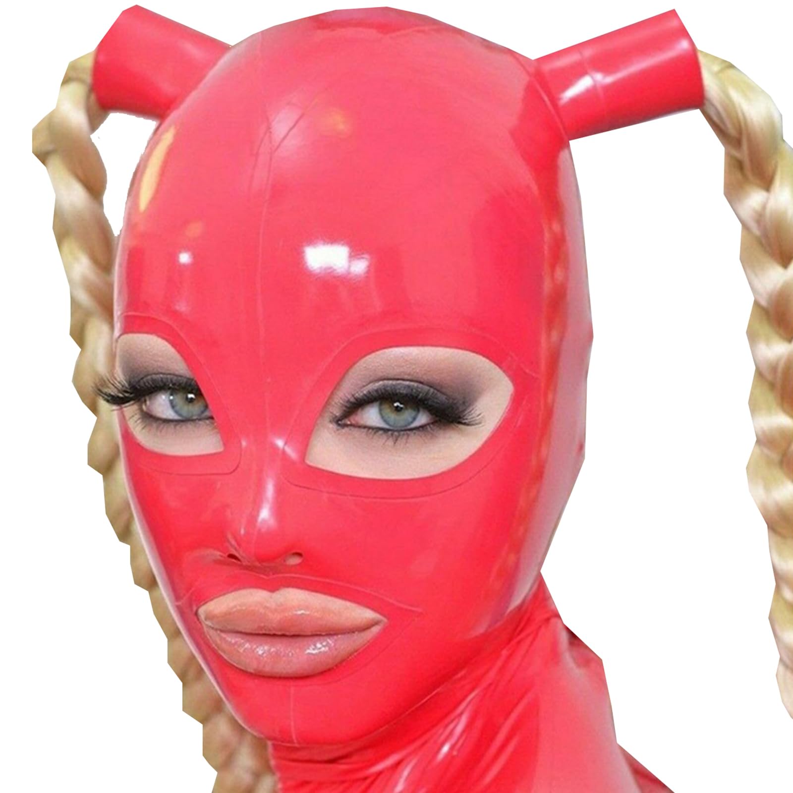DSPENGS Latex Hood BDSM Rubber Head Mask with Twist Braid Wig Open Eyes Mouth Back Zipper Natural latex for Unisex(Size:XXL-73CM)