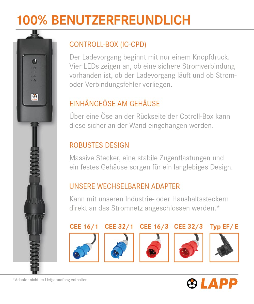 Lapp Mobility Stacja ładująca typu 2 22 kW/bez adaptera / 32 A / 3-fazowy/kabel do ładowania samochodu/tryb 2/6 m/czarny