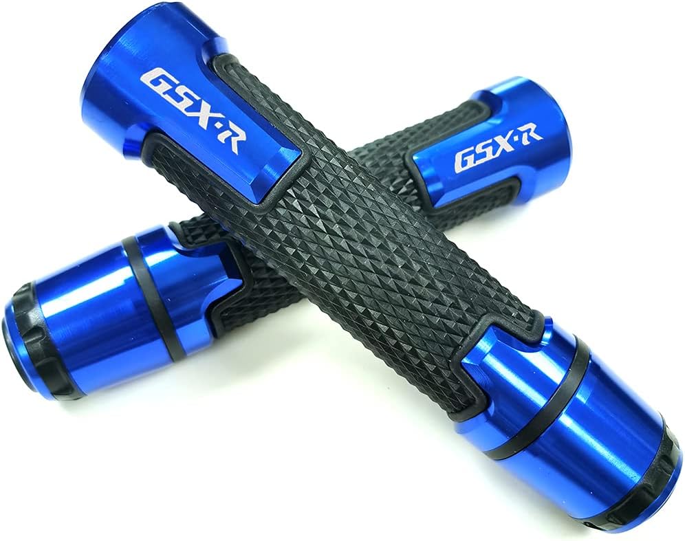 Blue Aluminum Motorcycle 22mm Engraved Handle Bar Rubber Gel Hand Grips CNC With Bar End 7/8" Compatible with Suzuki GSXR GSX-R 125 150 600 750 1000 1300 Hayabusa