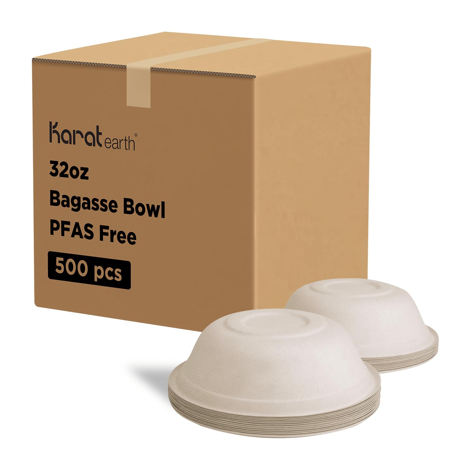 KARAT EARTH PFAS Free Bagasse Round Bowl, Druable and Microwaveable, Natural color - 500 pcs (32oz)