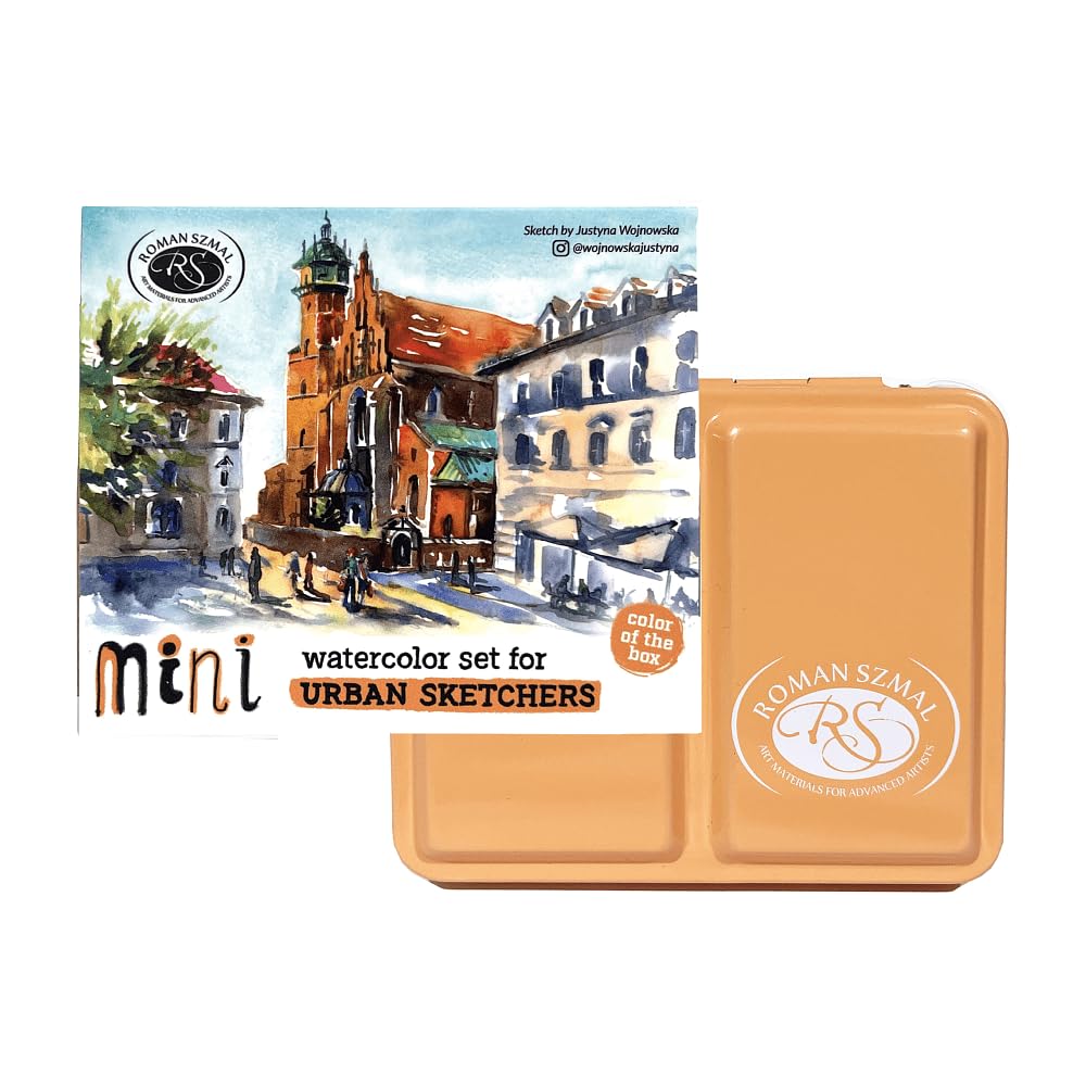 Generisch Aquarius Mini Urban Sketcher Aquarellset, 8 Farben, halbe Näpfchen, Schachtel, Aprikose
