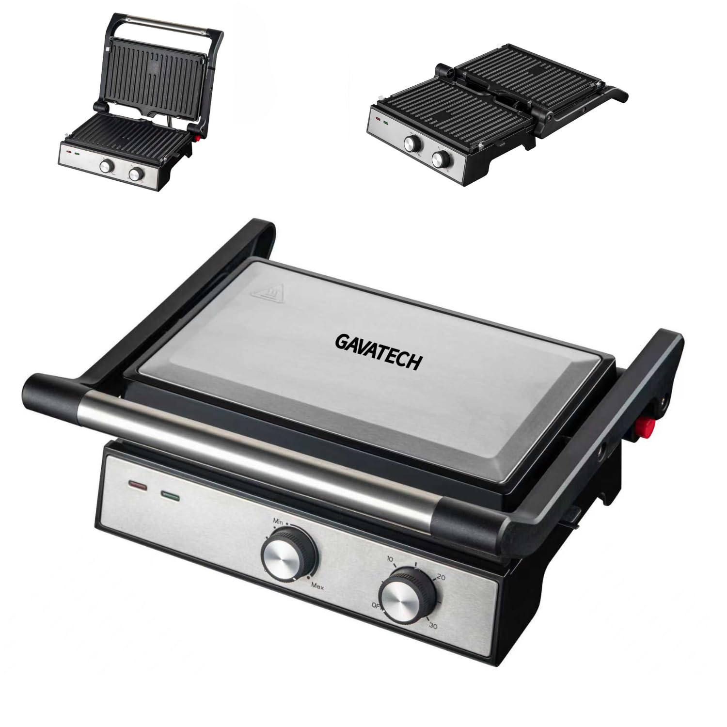 GAVAGRILL AL1500-TPT – Parrilla Eléctrica y Grill 1500W, Apertura 180º, Control de Temperatura y Temporizador, Placas Antiadherentes 26x16.5 cm, Acabado en Acero Inoxidable.