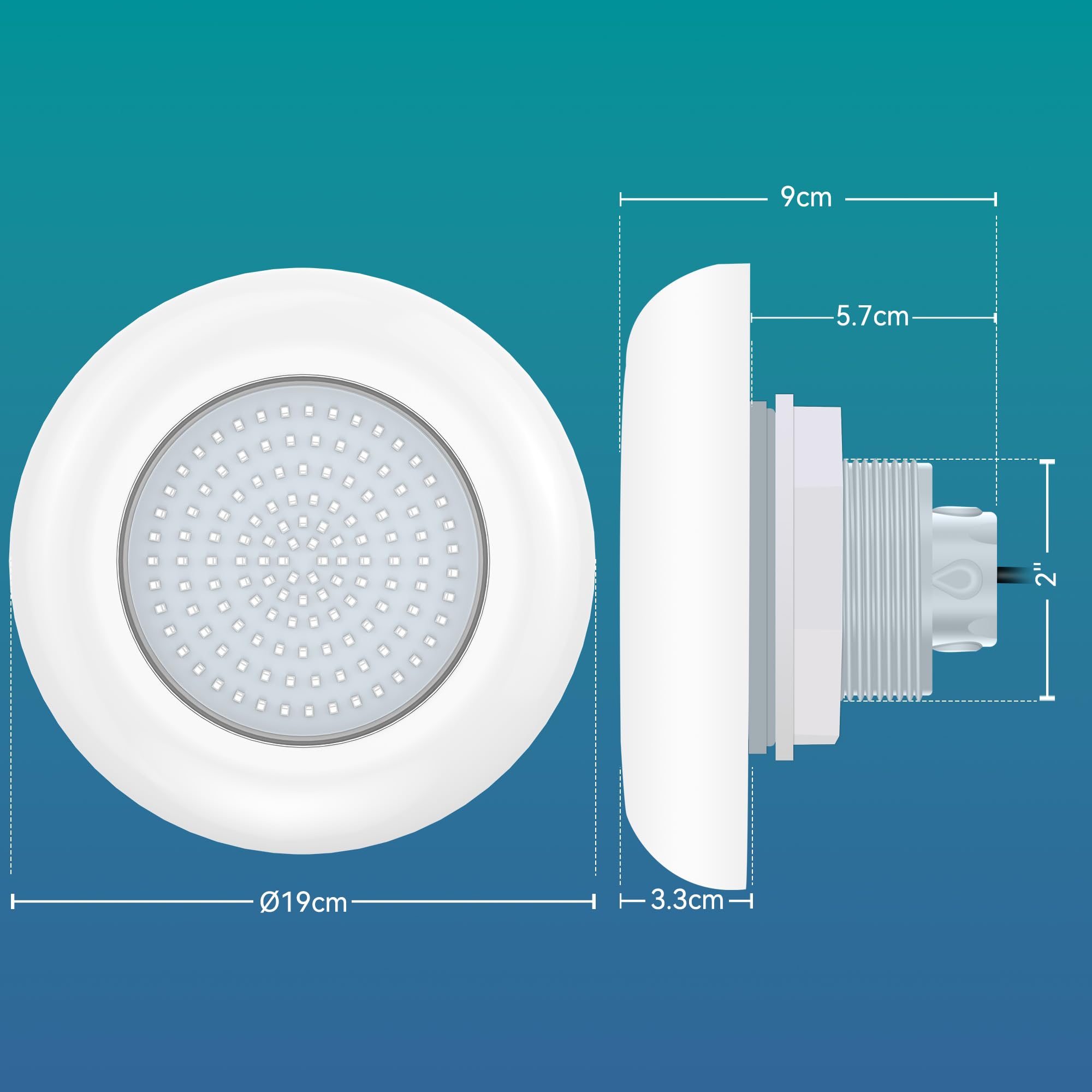 Foco LED Piscina con Rosca 2", 15W Lámpara Piscina RGB Multicolor, 600lm, Ø190mm, 12V AC Relleno de Resina Impermeable IP68 Luz Sumergible para Piscinas Elevada Acero, Sin Remoto