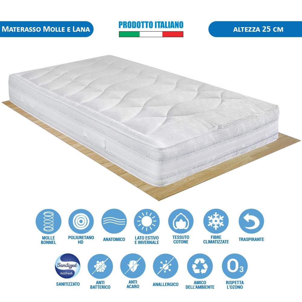 Comprarredo Materasso una piazza e mezza molle Bonnel MESSICO, 120x190x25 cm di altezza, con lato estivo (cotone) e invernale (lana) e fascia traspirante