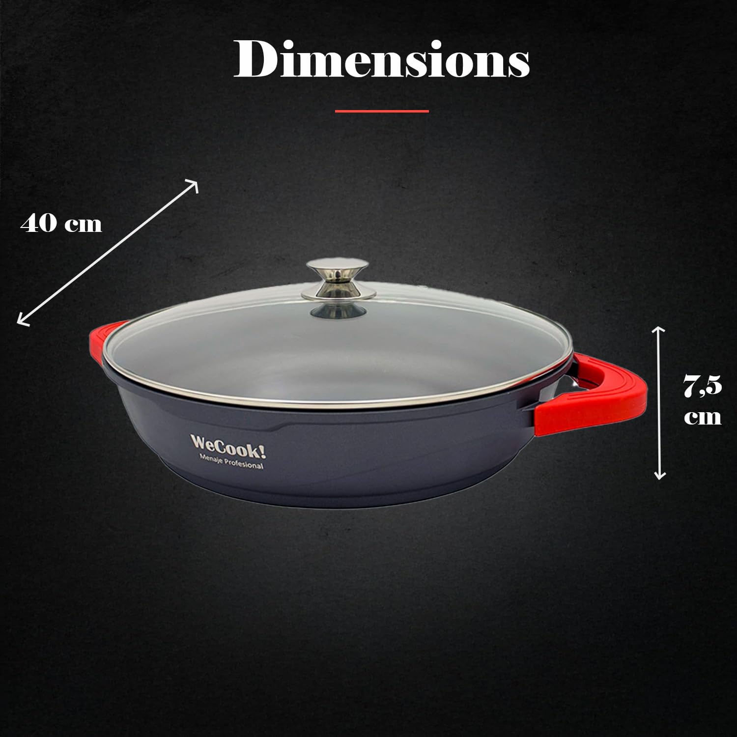 WECOOK! Ecostone Casseruola Bassa Induzione Coperchio di Vetro 40cm, Antiaderente XTRA DUPONT Ecologico senza PFOA, Alluminio Fuso, 5mm di Spessore, Maniglie in Silicone, Vitroceramica, Gas, Forno