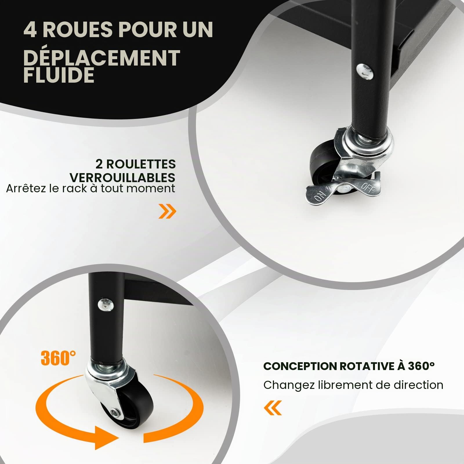 HOMASIS Chariot de service pliable à 3 niveaux, avec 4 roulettes avec 2 freins, chariot de rangement peu encombrant, étagère en métal, étagère de cuisine, chariot d'appoint pour cuisine, bureau, noir