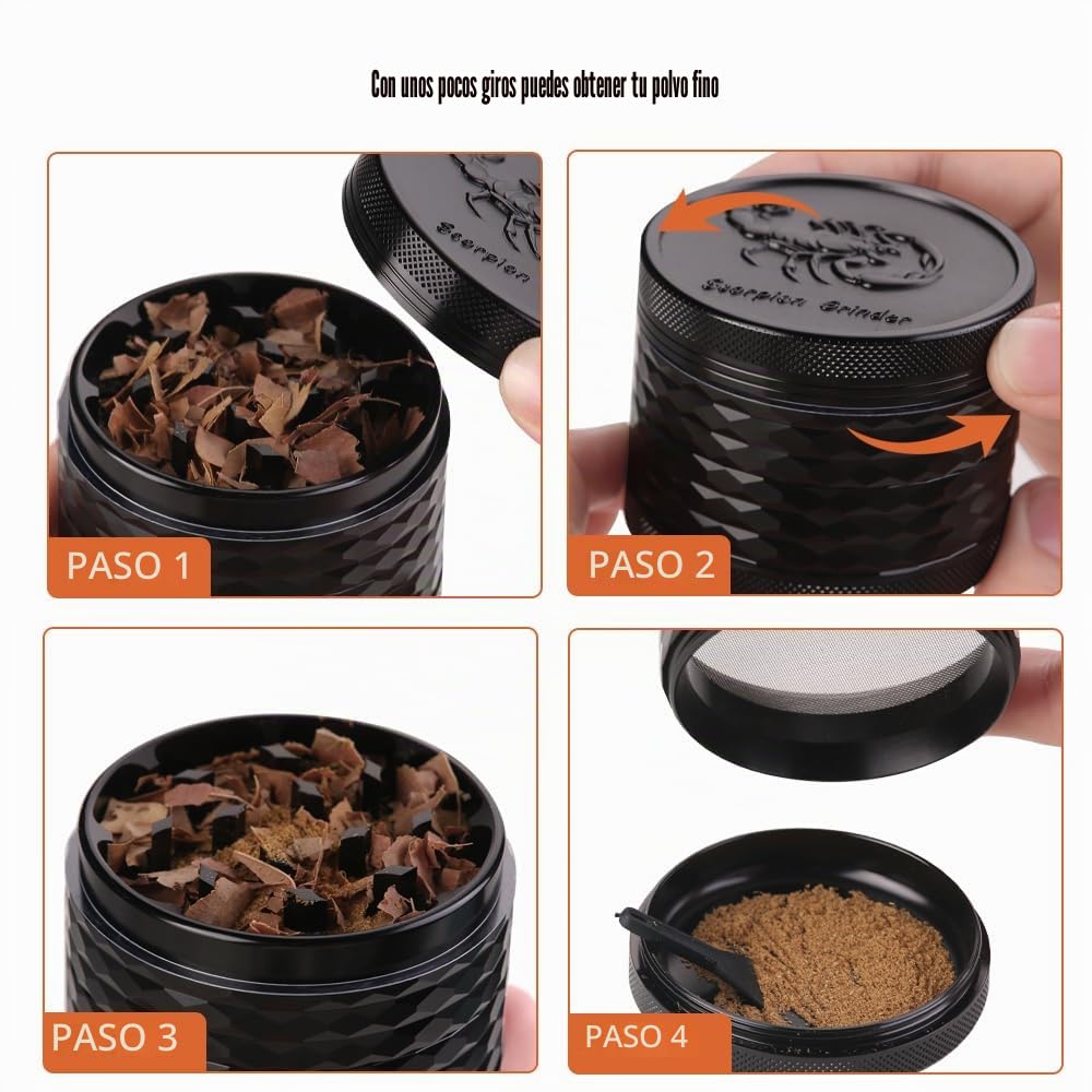 Herb Grinder, Molinillo de hierbas Premium de aluminio de 2.5 pulgadas（63mm) con escorpión grabados, 4 piezas, molinillo grande con raspador de polen (Negro)