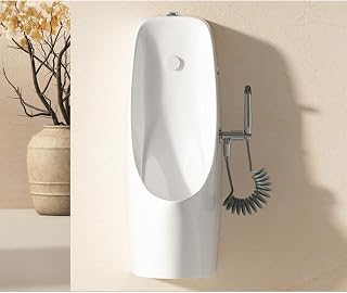 Wall‑Mounted Men Urinal, Spill‑Proof Ceramic Urinal for Garage Backyard Restroom Use Slim 26cm Urinal with Spray Gun, Easy‑Clean Male Urinal Fixture(Push Button,With Gun)