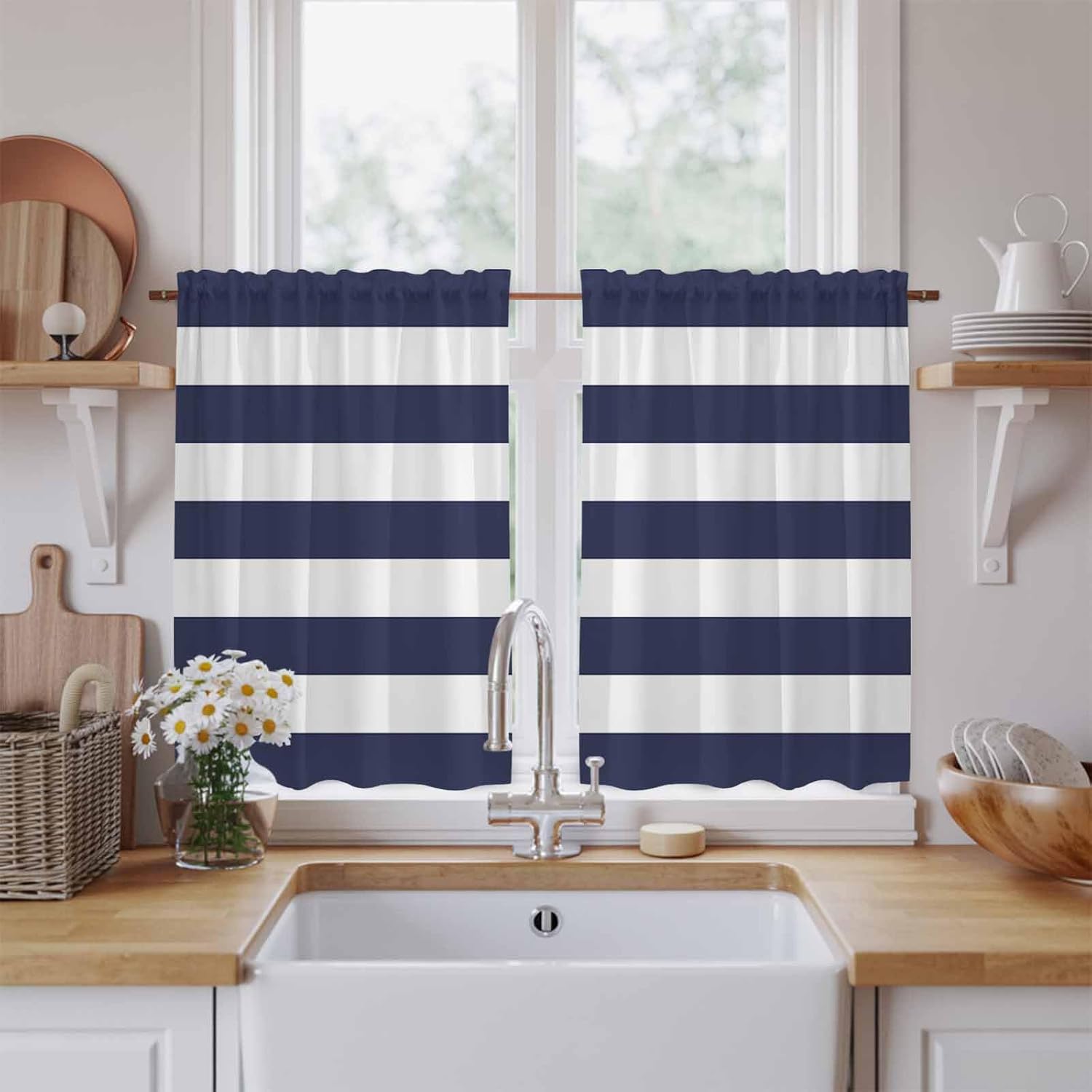 Blue Stripes Kitchen Tier Curtains 45 Inch Long 2 Panel Set, Rod Pocket Short Window Treatment, Simple Blue White Texture Light Filtering Curtains & Drapes for Bathroom Basement 27.5"W x 45"L