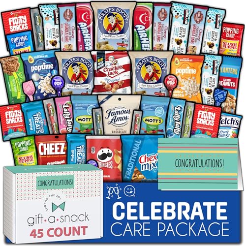 Image of Gift A Snack - Congratulations Snack Box Variety Pack Care Package + Greeting Card (45 Count) Graduation Sweet Treats Gift Basket, Candies Chips Crackers Bars - Office Food Assortments