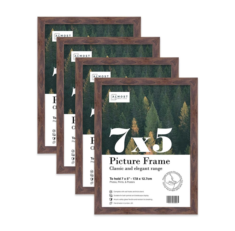 Almost Frameless 7x5 Walnut Picture Frame Set of 4, Display 7x5 Picture Gallery Wall, Poster, Photo, Artwork, or Print, Yellow