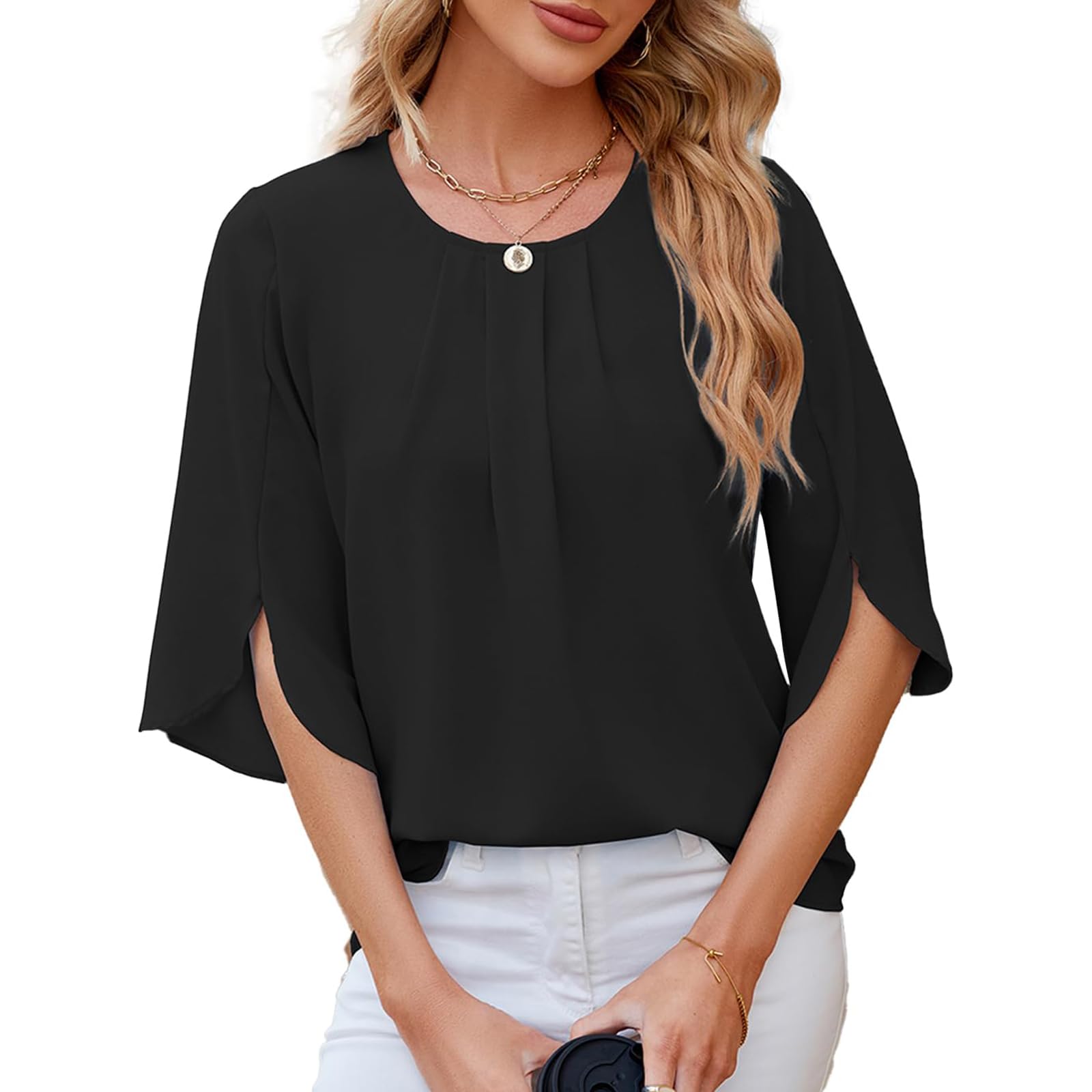 katykalen Blusa para mujer, manga 3/4, elegante, túnica, gasa, blusas para mujer, monocolor, primavera, otoño, blusa fluida, blusa de verano