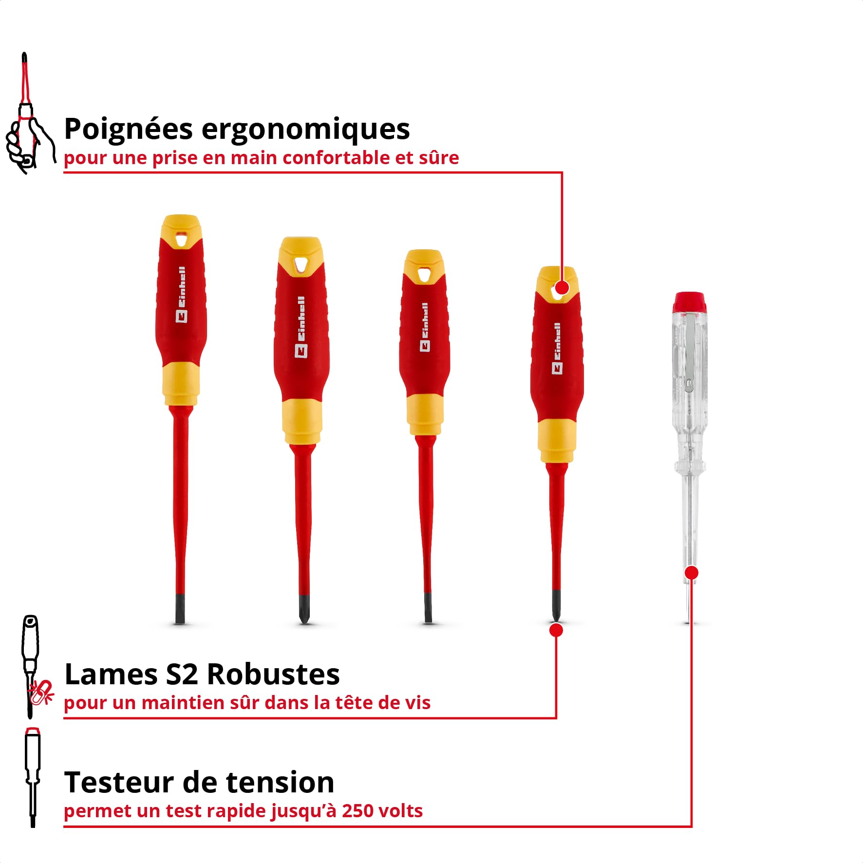 Einhell 5 pièces jeu de tournevis d’électricien | Outils isolés | testeur de tension | lames S2 | poignées ergonomiques | installations électriques