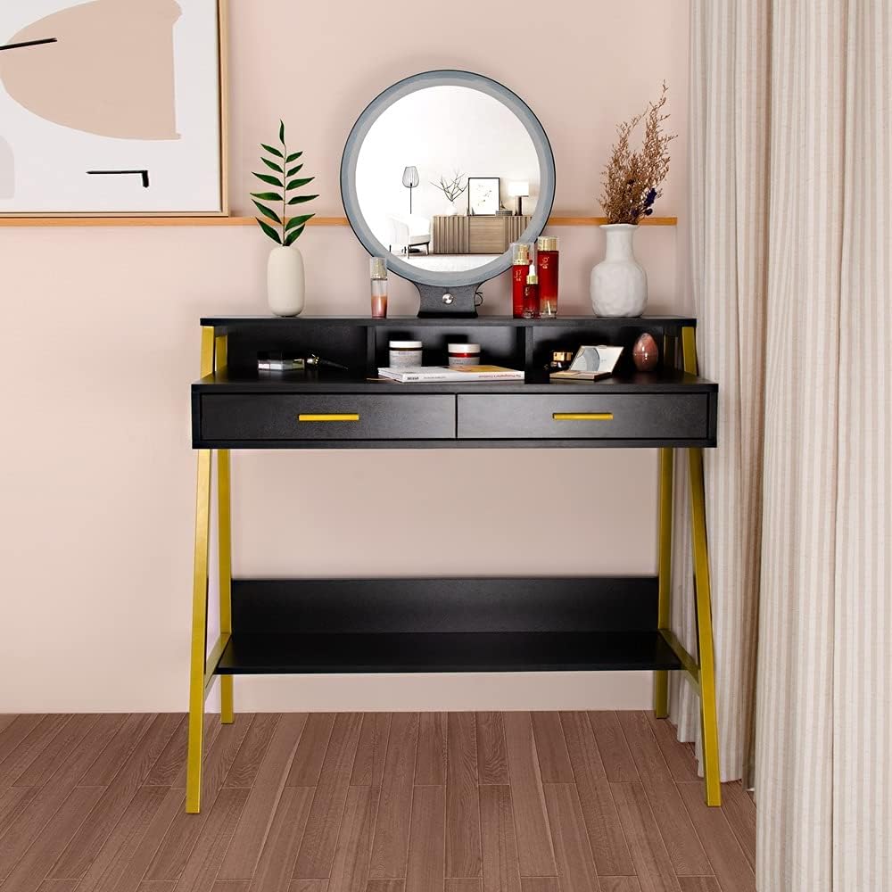 Two Colors Dressers FCH LED Three-Color Touch Round Mirror 2 Drawers with Shelf e with Steel e Dressing Table (Color : E)