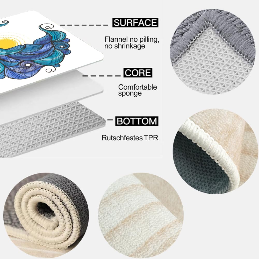 Tapis de Salon 100x150cm Vagues De Kanagawa Velours Cristal Doux Tapis Japon 3D Motif Tapis Chambre d'enfants Canapé Tapis avec Dos en Caoutchouc Antidérapant Carpettes