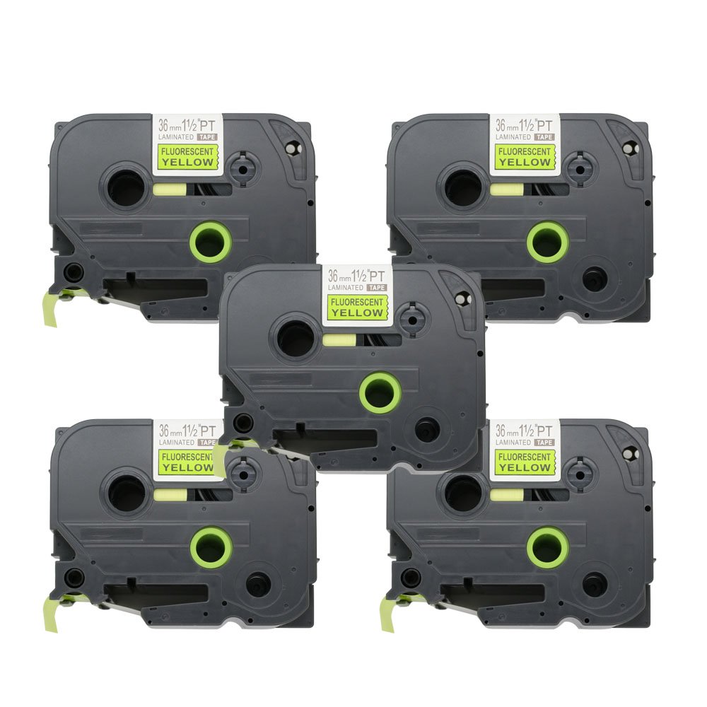 BROVACS 5 Pack Black on Fluo Yellow Label Tape Compatible for Brother P-Touch TZ C61 TZe C61 36mm 1 1/2" OPA1336x5