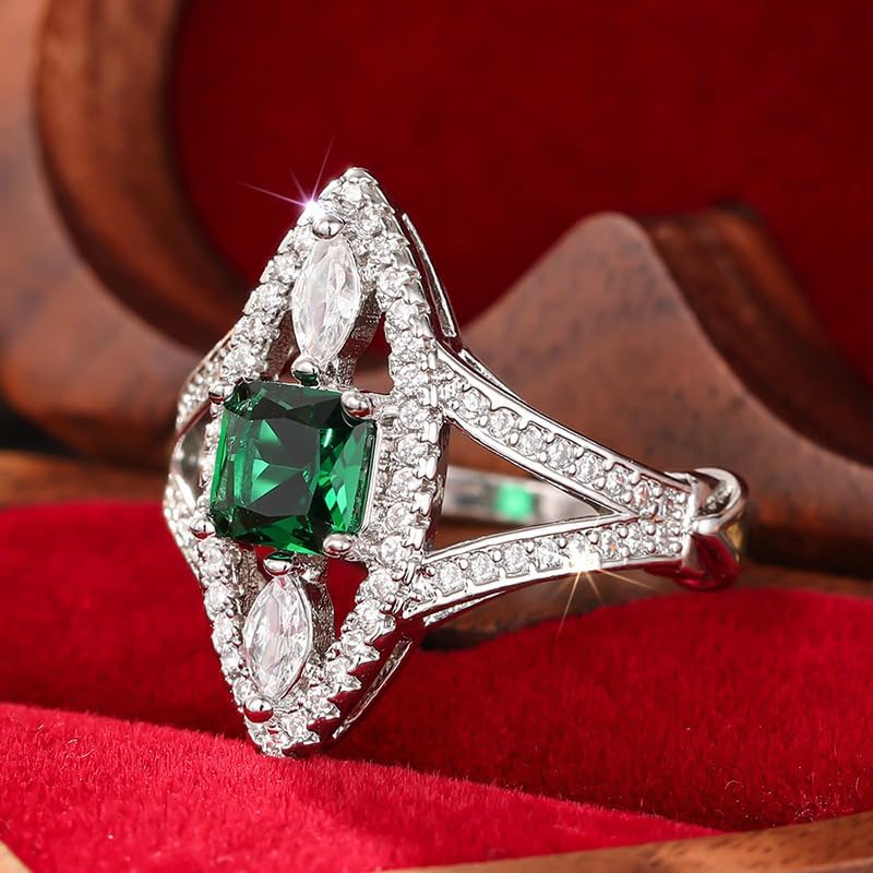 Women's Marquise Shape Green Created Square Emerald CZ Engagement Ring, Solitaire Cubic Zirconia Wedding Promise Rings for Her Size 6-10(8) - Image 4