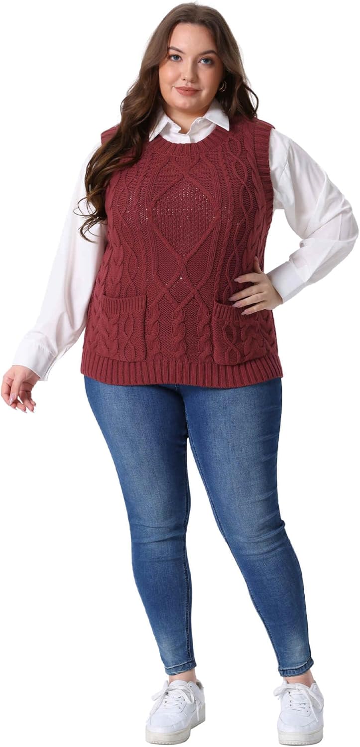 Agnes Orinda Plus Size Sweater Vest for Women Knitted Crew Neck Sleeveless Pocket Pullober Sweater Tops - Image 3