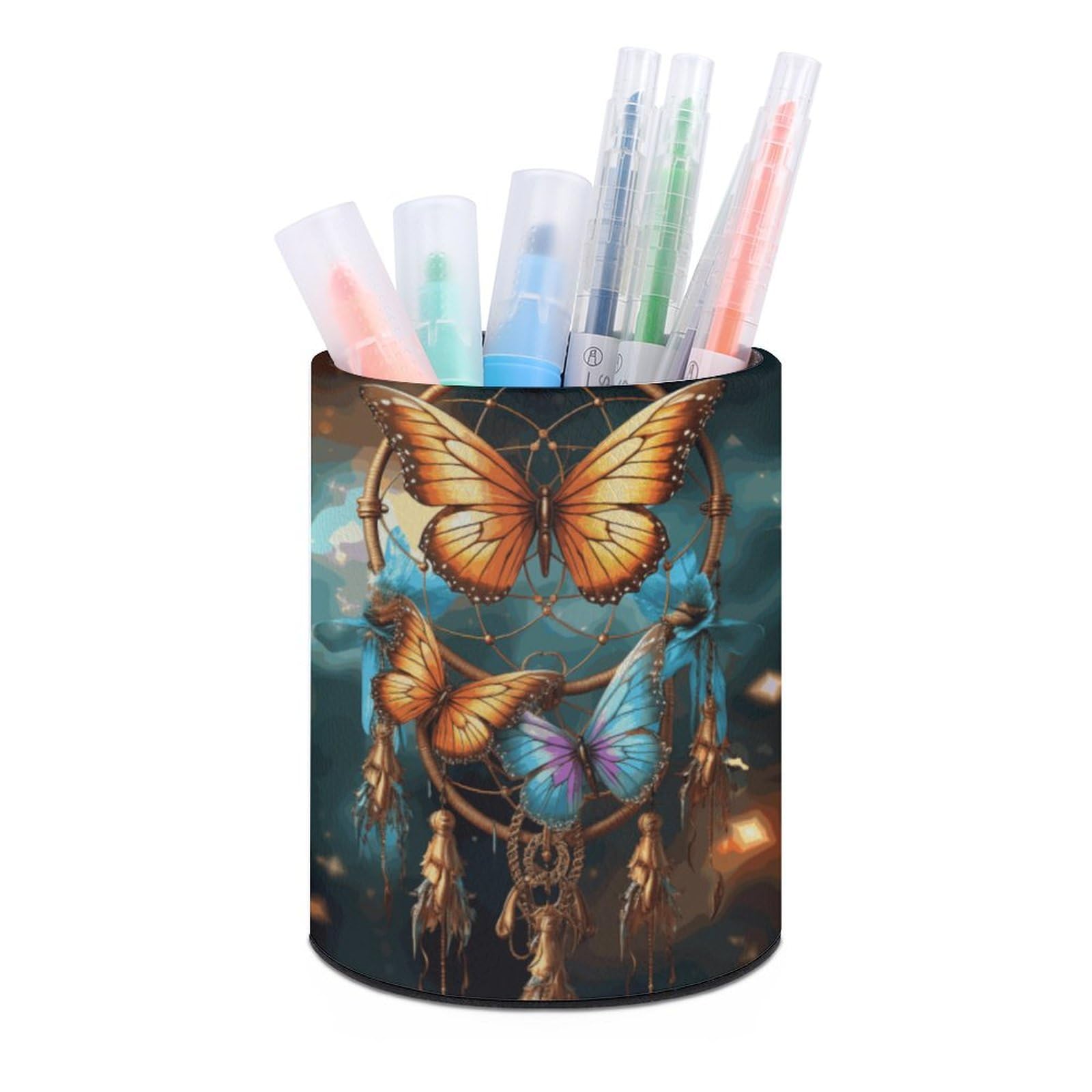 JTREHY - Round Pen Holder Butterfly Dream Catcher Printed Storage Box for Home Office Dresser
