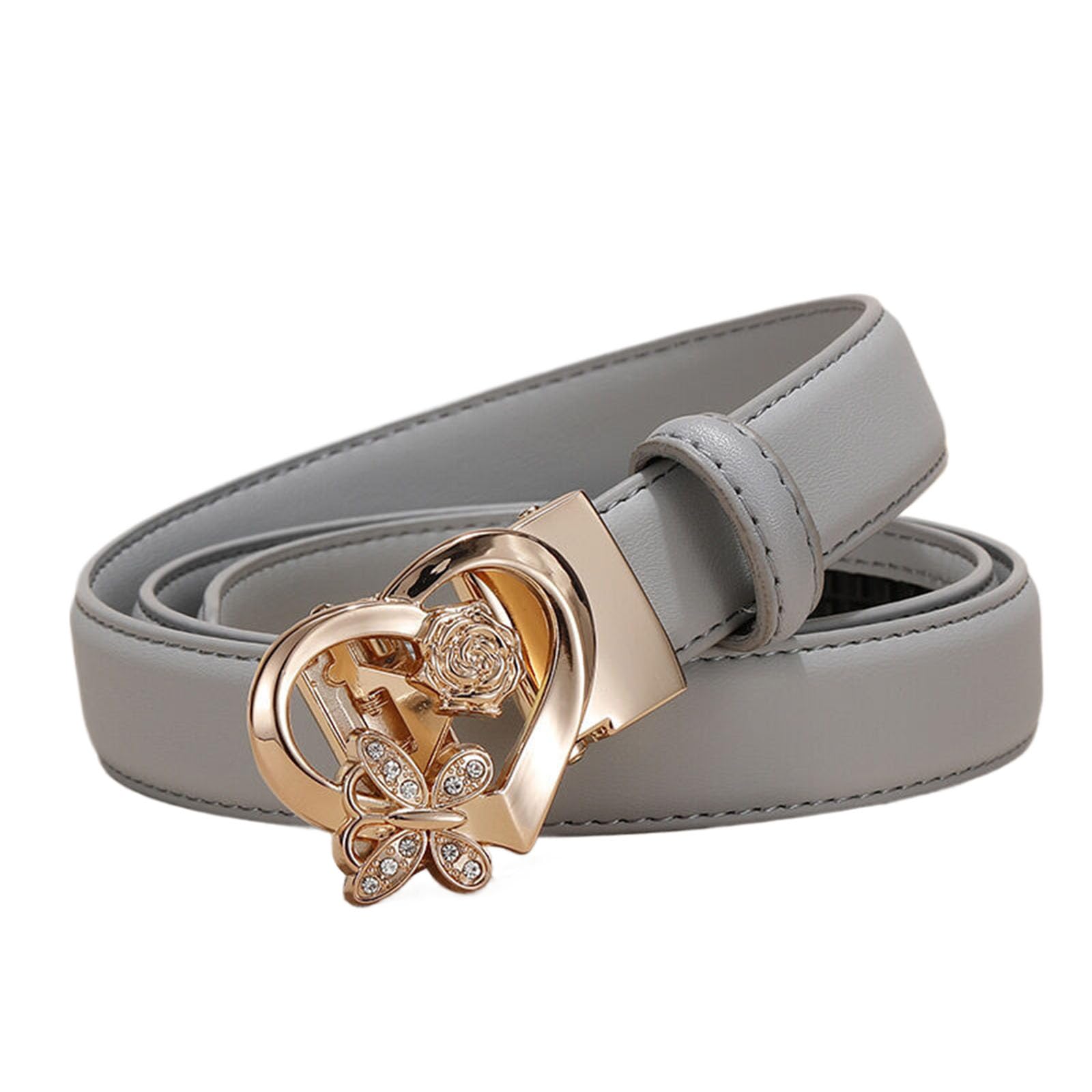 WRJAHCG Ratchet Belt Women, Adjustable Fashion 24mm Thin Belt for Women with Hollow Pattern Alloy Automatic Buckle,Gray,115CM/45.3''