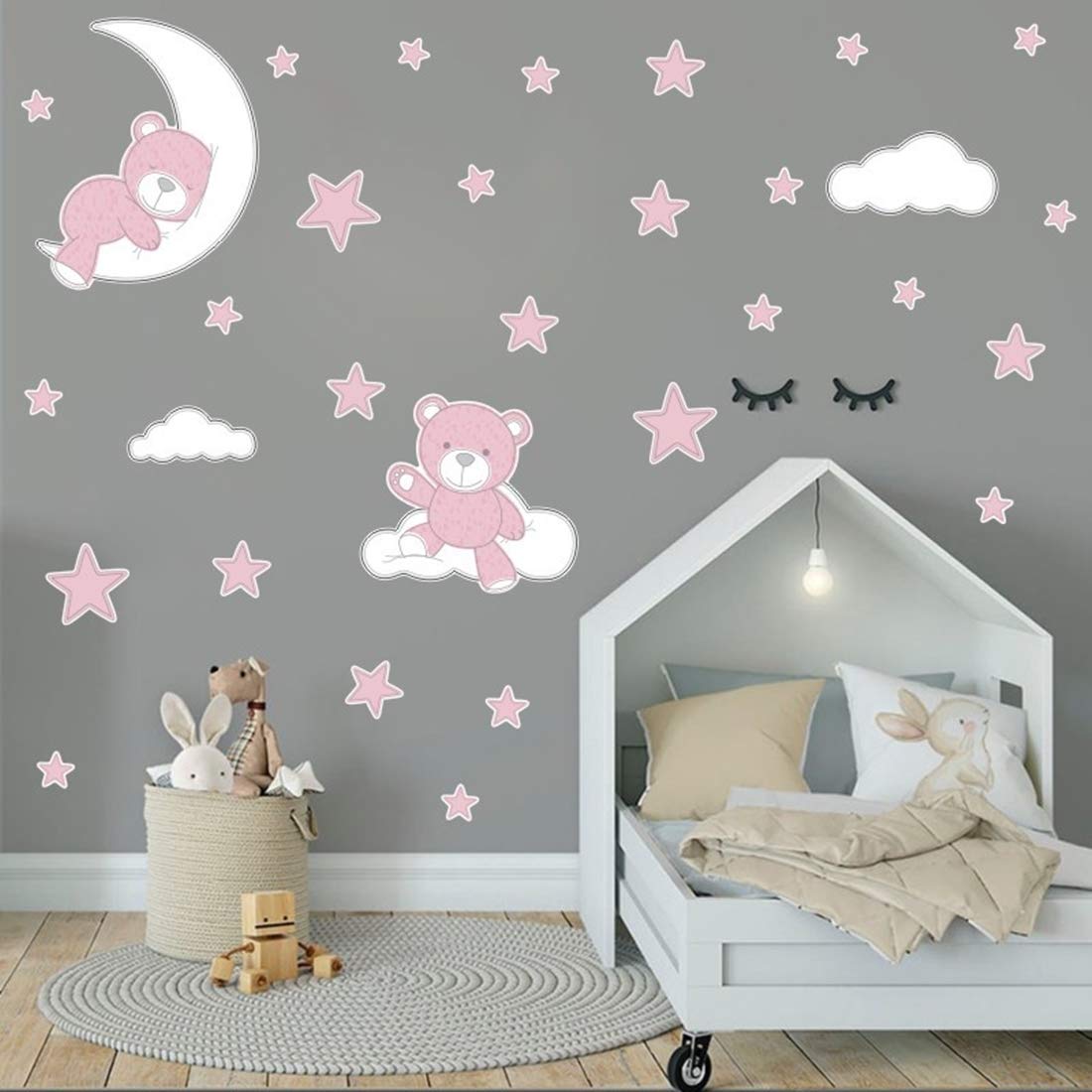 Cartoon Cute Bear Sleeping on Moon Stars Sticker Decals,Peel and Stick Removable Wall Stickers for Kids Nursery Bedroom Living Room,18.9 x14.2inch (Pink)