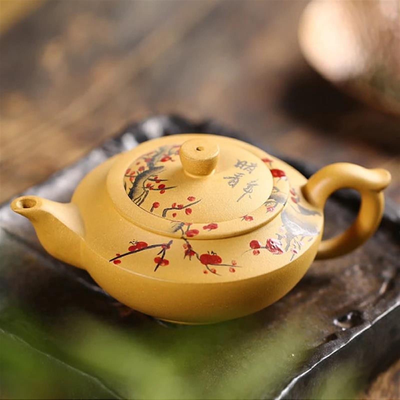 Teiera, set da tè da viaggio, set da tè pomeridiano da 230 ml, 1 teiera Kongfu, teiera Zisha, segmento di fango piatto Xishi, teiera con motivo a fiori di prugna, set da tè cinese con foro a sfera d