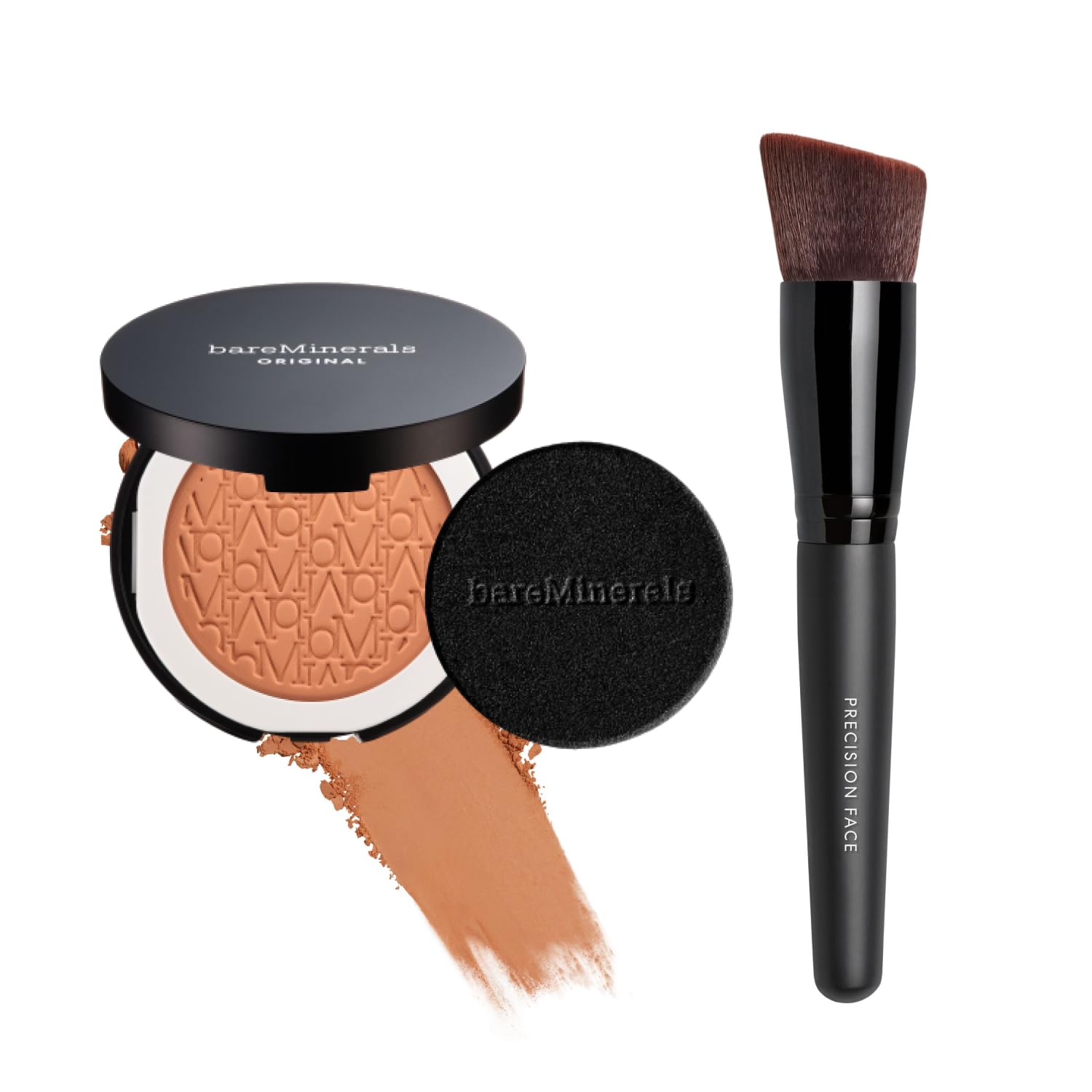 bareMinerals Original Pressed Powder Foundation Mineral SPF 15 Talc-Free, Luminous Finish, Buildable Coverage, Vegan, Clean Beauty + Precision Face Brush Bundle
