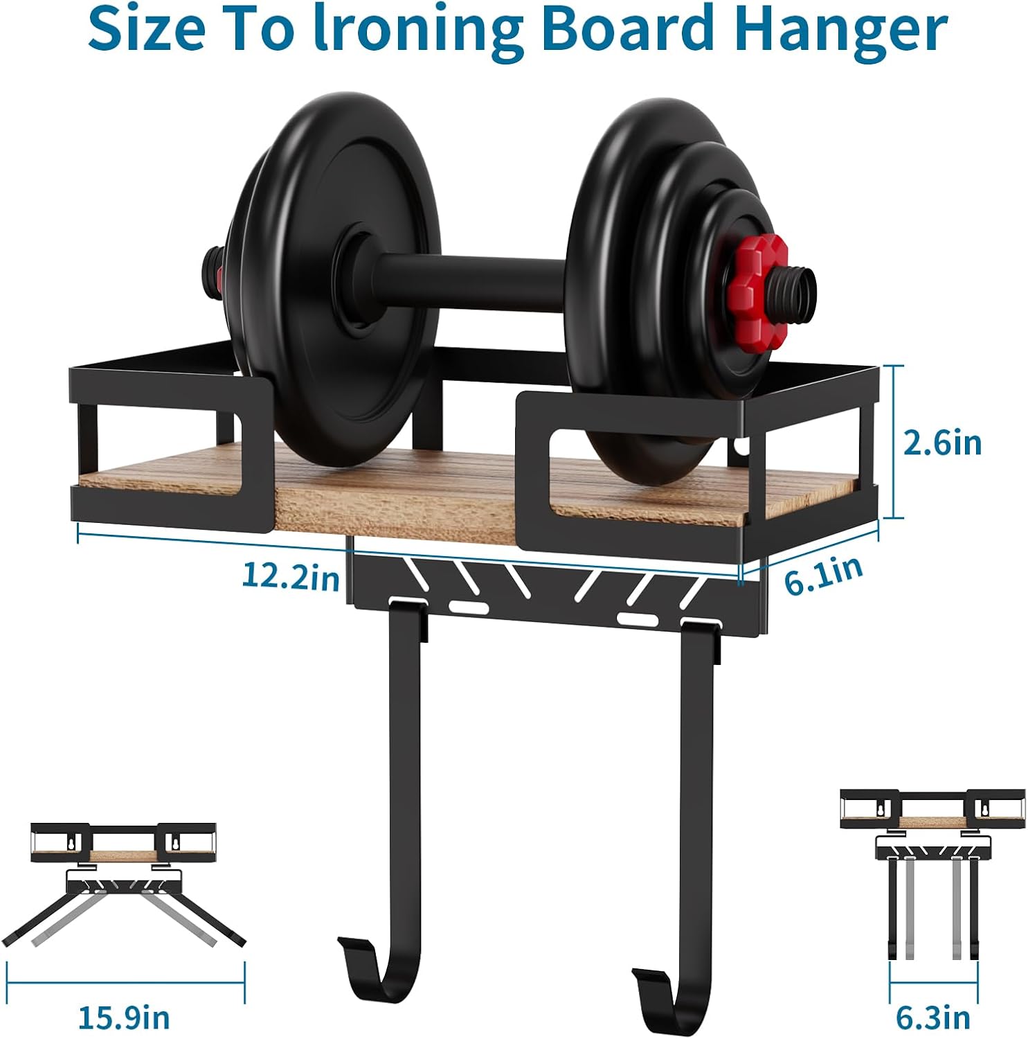 Ironing Board Hanger Wall Mount with Rustic Wood Shelf, Heavy Duty Metal Ironing Board Holder for T & V Shaped Legs, Laundry Room Organization and Storage Decor, 30lb Load Capacity, Black