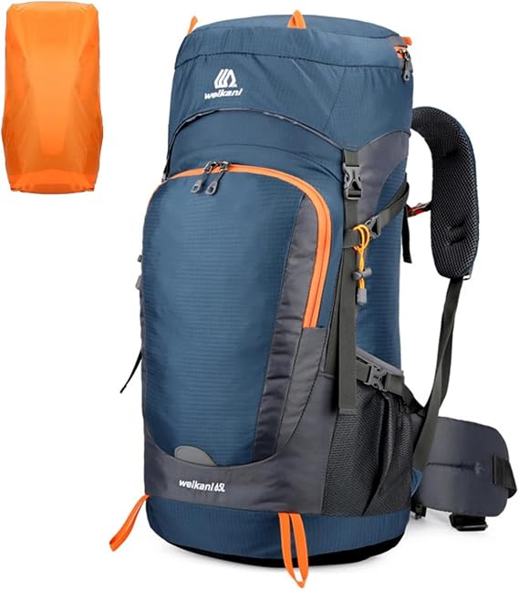 65L Hiking Backpack Water-Resistant Nylon Outdoor Rucksack with Breathable Mesh Back and Adjustable Straps for Camping Trekking Climbing and Travel, Includes Rain Cover(Dark Blue)