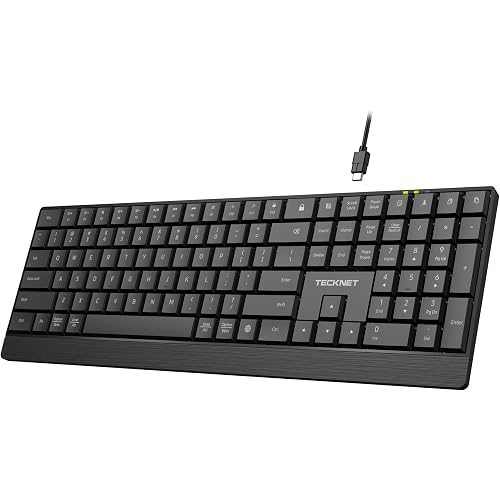 TECKNET Wired Keyboard, Ultra-Slim USB Keyboard with Scissor-Switch Silent Keys, Mechanical Feeling Kyeboard, Ergonomic Foldable Stand, Plug and Play for PC/Laptop/Mac, Black