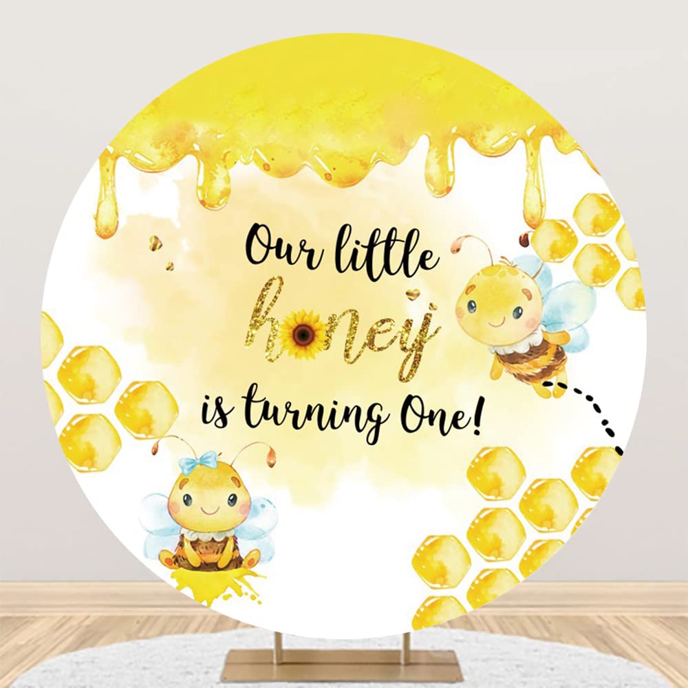 OFILA 7ft Our Little Honey is Turning One Round Backdrop Cover Yellow Cartoon Honeycomb Bee Sunflower for Kids Birthday Party Decor Circle Background