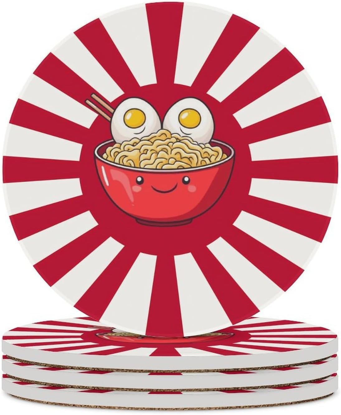 Japanese Ramen Noodles Flag Round Ceramic Coasters Print Drinks Absorbent with Cork Base for Home Decor Gifts 4 Inch