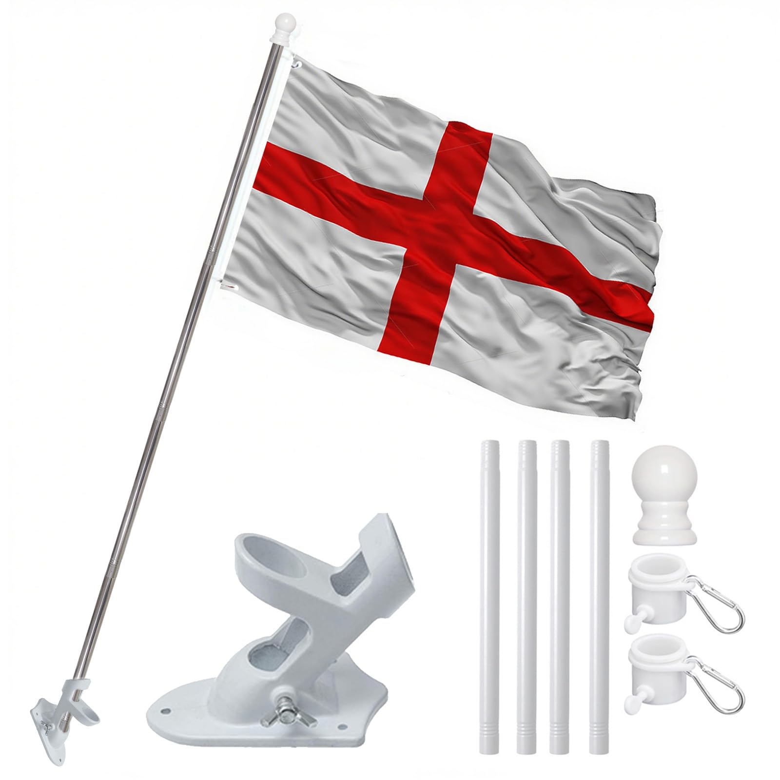 St Georges Flag 5ft x 3ft, Large England Flag with Brass Grommets, Durable Banner for Parade, Garden, Home & Patriotic Events (Flags + 5FT White FlagPole + Mounting Bracket)