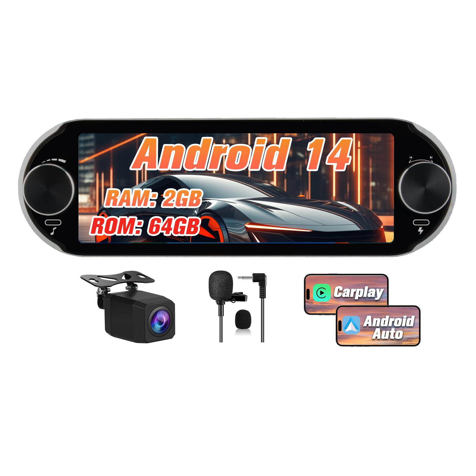 Hexinex Android 14.0 [2GB+64GB] Radio Coche 1 DIN Universal con Carplay y Android Auto Inalámbrico,Autoradio 1 DIN con Pantalla Táctil de 6.36” y Cámara Trasera, Admite WiFi/Bluetooth/FM,etc.