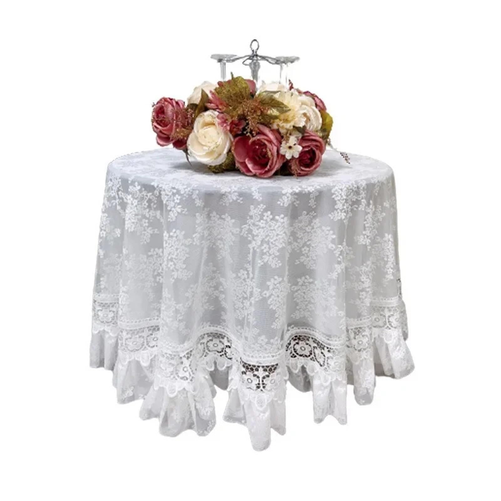 SHENJMAI Vintage Lace Table Round White Lace Table Cloth Yarn Dining Cover Romantic Embroidered Tablecloth Tea Juppe Wedding Decoration(Diameter 180cm Round)