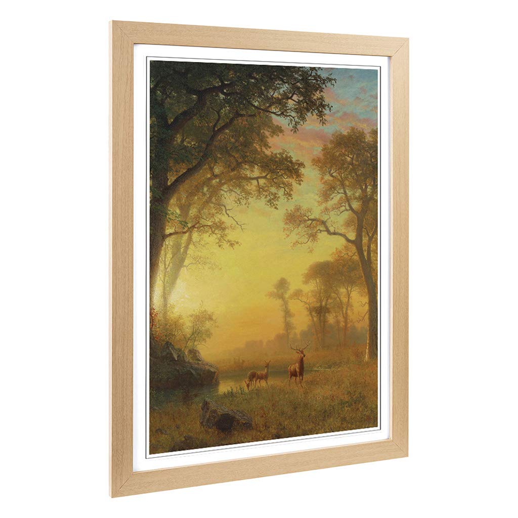 Big Box Art Framed Print of Albert Bierstadt Sunset River with Deer Design | Wall Art Picture | Home Decor for Kitchen, Living Room, Bedroom, Hallway, Oak, A2 / 24.5x18 Inch / 62x45cm