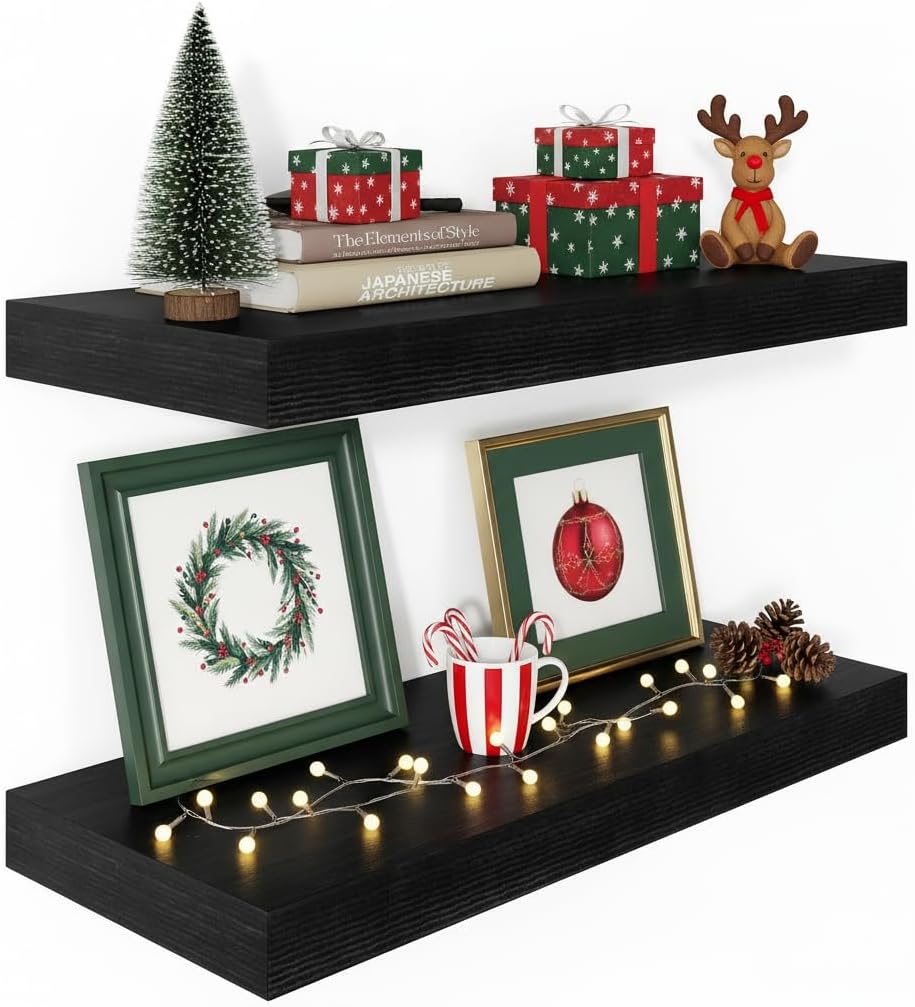 Black Floating Shelves for Wall 24 Inches Long, 12" Deep Wall Shelves 2" Thick, Heavy Duty Shelf for Bedroom, Bathroom, Living Room, Kitchen, Office, Home Decor, Modern Shelf Set of 2, 24" X 12" X 2"