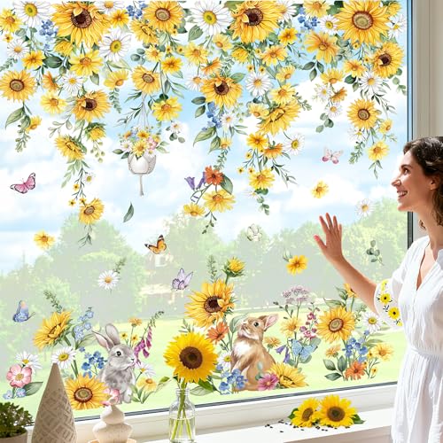 wondever Pegatinas de Ventana Girasoles Flores de Vid Pegatinas de Anticolisión Flores Margaritas Amarillas Blancas Colgantes Calcomanías de Ventana Doble Cara Decoración de Ventanas para Vidrio
