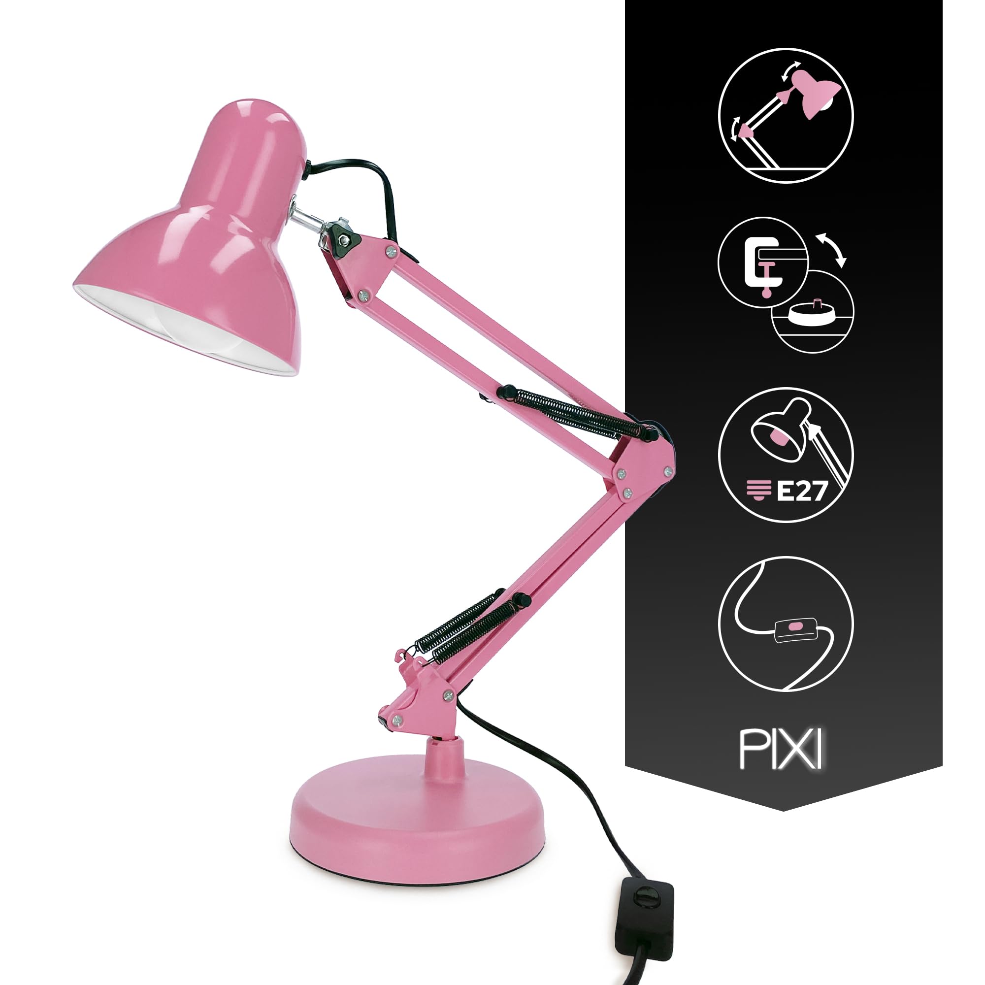 EDO Retrò Lampada da Tavolo con Pinza, Lampada da Scrivania Vintage a E27 Rosa PIXI, Illuminazione da Comodino Luce Orientabile con Braccio Oscillante di 50 cm, per Unghie, Casa o Ufficio, Lettura