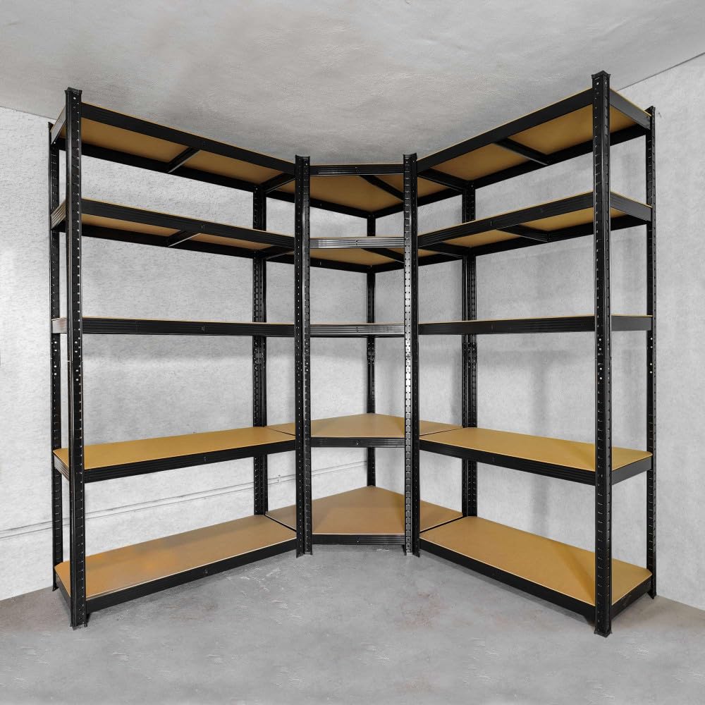 Étagère d'angle noire charges lourdes - en métal 5 plateaux - 875 Kg - 180x75x40cm - Étagère de coin - Garage atelier cave