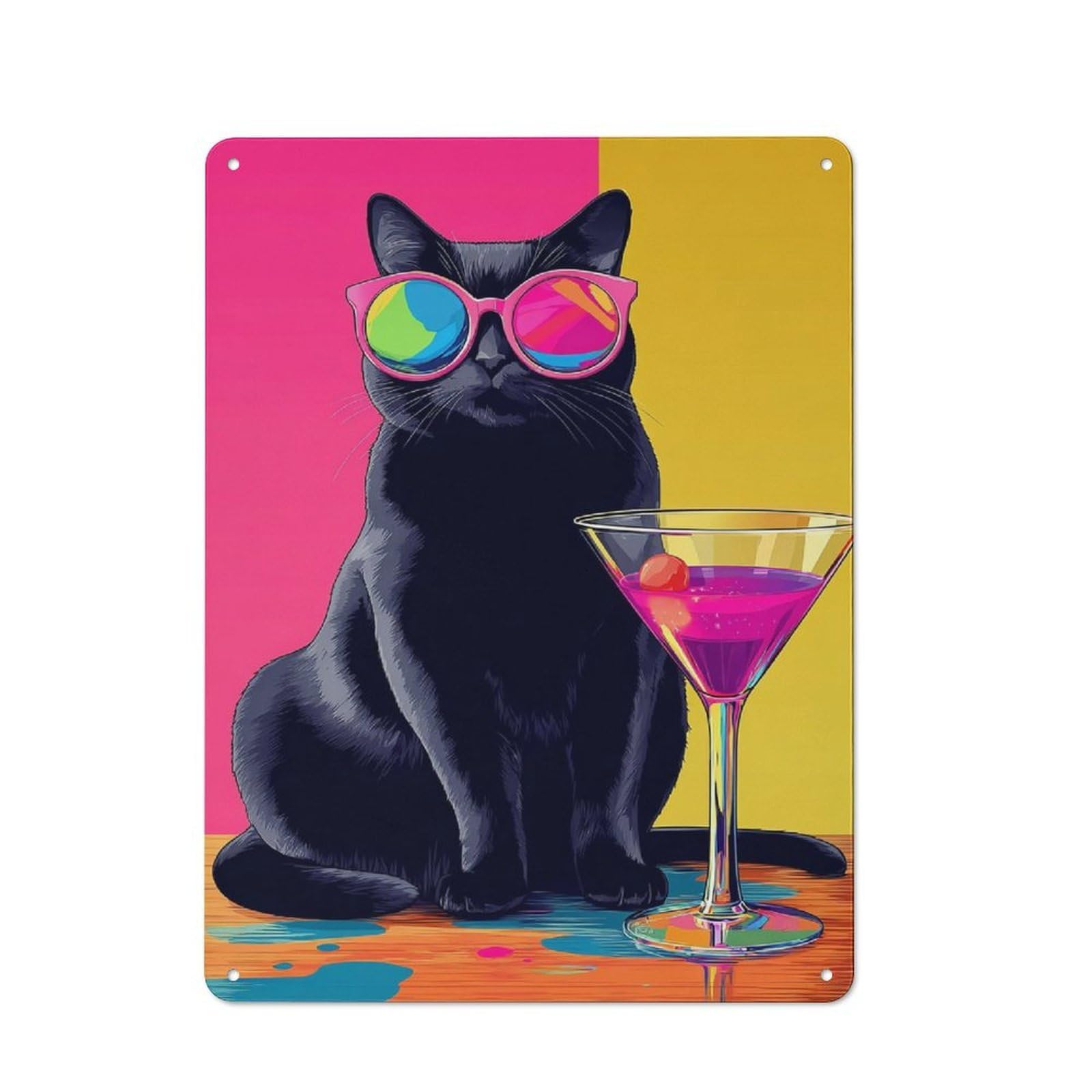 Junmoney Chill Cat With Cocktail Tin Wall Plaque 40X30cm With For Guest Room Or Hallway, For Hallway Wall Decor Fans