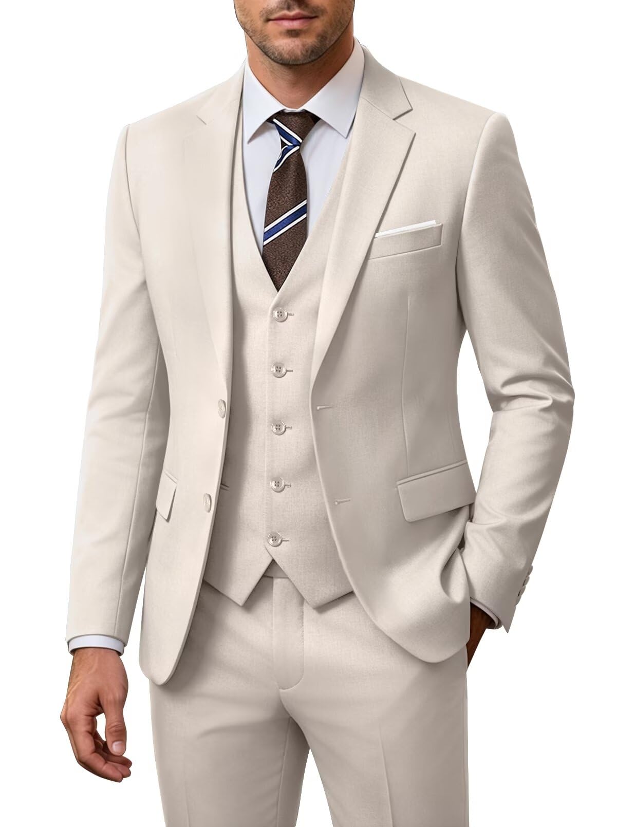 Photo 1 of ZKHOECR Men Suits Slim Fit Light Champagne Suits for Men 3 Piece Suit Jacket Vest Pants Set Prom Suit Weddingn Tuxedo Suits XL