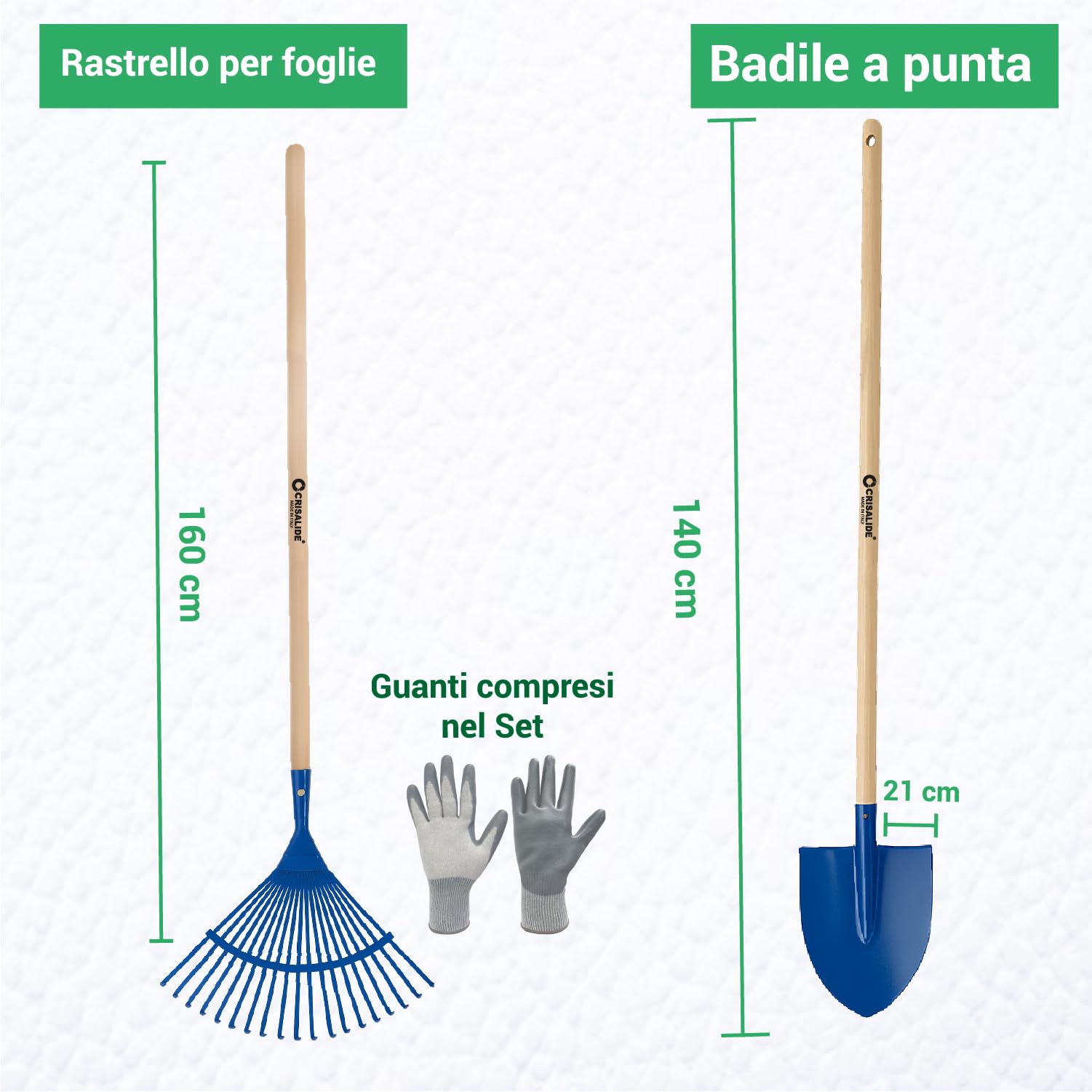 Crisalide® Juego completo de jardinería de 7 piezas – Escoba industrial, guantes, rastrillo hojas, pala, azada, rastrillo de 12 dientes, pala puntiaguda, herramientas resistentes para huerto, jardín